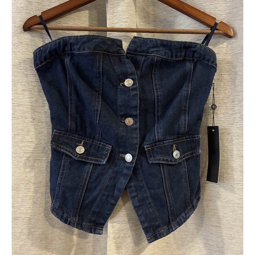 Emerson Lang Strapless Denim Corset‎ Bustier Button Front Top NEW Size M